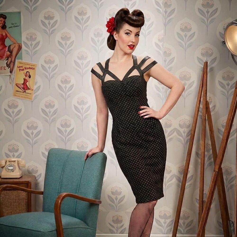Sans Souci Black Gold Studded Mini Dress Faux Leather Straps Size M pin up glam